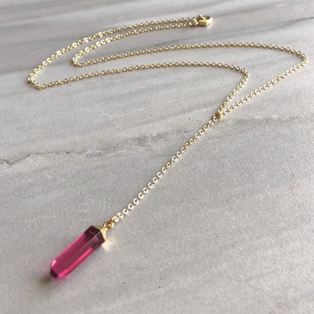 Oxblood Crystal 14k Gold Lariat Necklace - Picture 2 of 6